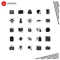 Mobile Interface Solid Glyph Set of 25 Pictograms of work analytics email helmet american Editable Vector Design Elements