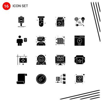 Set of 16 Vector Solid Glyphs on Grid for bulb light lab green bottle Editable Vector Design Elements
