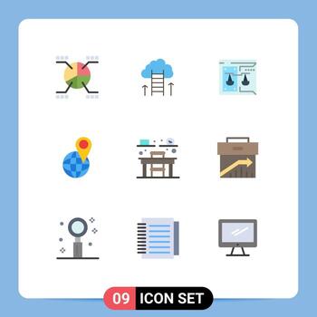 Editable Vector Line Pack of 9 Simple Flat Colors of world location focus global digital Editable Vector Design Elements