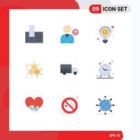 Mobile Interface Flat Color Set of 9 Pictograms of transport delivery light science chemist Editable Vector Design Elements