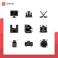 Editable Vector Line Pack of 9 Simple Solid Glyphs of office space buildings tactic sticks ice Editable Vector Design Elements