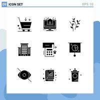 9 Thematic Vector Solid Glyphs and Editable Symbols of event calendar buds office building Editable Vector Design Elements