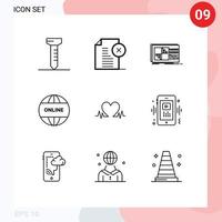 Pack of 9 creative Outlines of love world equalizer website business Editable Vector Design Elements