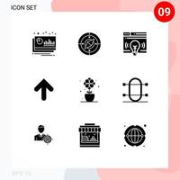 Solid Glyph Pack of 9 Universal Symbols of flower up location arrow bulb Editable Vector Design Elements