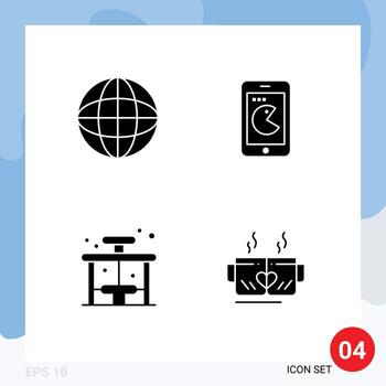 Set of 4 Vector Solid Glyphs on Grid for globe bus buy hardware tea Editable Vector Design Elements