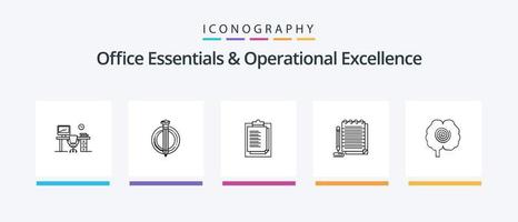 Office Essentials And Operational Exellence Line 5 Icon Pack Including presentation. report card. timmer. notepad. member. Creative Icons Design vector