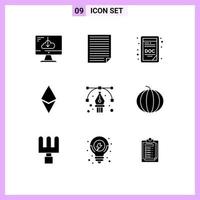 Set of 9 Vector Solid Glyphs on Grid for anchor currency paper cryptocurrency doc file Editable Vector Design Elements