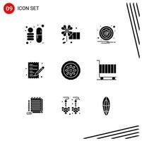 9 User Interface Solid Glyph Pack of modern Signs and Symbols of kitchen dinner notification cake paper Editable Vector Design Elements