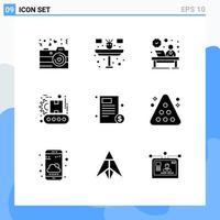 Pack of 9 Modern Solid Glyphs Signs and Symbols for Web Print Media such as document manufacturing desk factory reception Editable Vector Design Elements