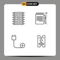 Set of 4 Vector Filledline Flat Colors on Grid for tech add computer book pencil cord Editable Vector Design Elements