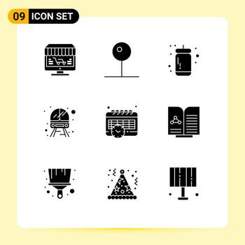 interfaz móvil conjunto de glifos sólidos de 9 pictogramas de calendario tren servicio multimedia tomate elementos de diseño vectorial editables vector