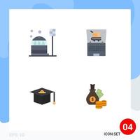 Group of 4 Flat Icons Signs and Symbols for base cap dome laptop graduation Editable Vector Design Elements