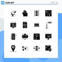 Pack of 16 Modern Solid Glyphs Signs and Symbols for Web Print Media such as business screen film reel monitor side by side Editable Vector Design Elements