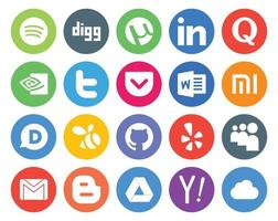 Paquete de 20 íconos de redes sociales que incluye gmail yelp tweet github disqus vector