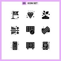 Group of 9 Solid Glyphs Signs and Symbols for connected profit farm investment expenses Editable Vector Design Elements