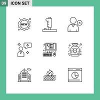 Pack of 9 Modern Outlines Signs and Symbols for Web Print Media such as percent invoice delete devices chatting Editable Vector Design Elements