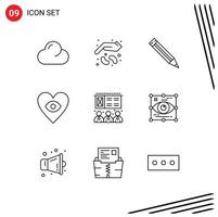 Set of 9 Modern UI Icons Symbols Signs for art presentation education lecture heart Editable Vector Design Elements