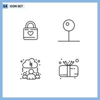 Set of 4 Modern UI Icons Symbols Signs for lock cloud heart hacker media online Editable Vector Design Elements