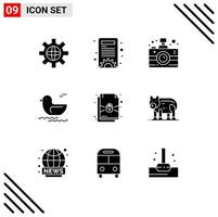 Set of 9 Vector Solid Glyphs on Grid for animal lock communication document river Editable Vector Design Elements