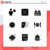 Modern Set of 9 Solid Glyphs and symbols such as charactore clock agriculture timer watch Editable Vector Design Elements