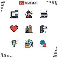 conjunto de 9 iconos modernos de la interfaz de usuario signos de símbolos para construir la reparación favorita como elementos de diseño vectorial editables del corazón vector