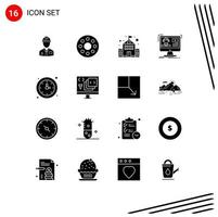 Solid Glyph Pack of 16 Universal Symbols of clock online monitor media tutorials Editable Vector Design Elements