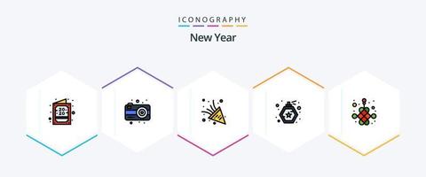 paquete de iconos de línea completa de año nuevo 25 que incluye. nuevo. Fuegos artificiales. nudo. rociar vector