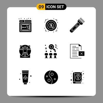 paquete de interfaz de usuario de 9 glifos sólidos básicos de scane man target virtruvian camping elementos de diseño vectorial editables vector