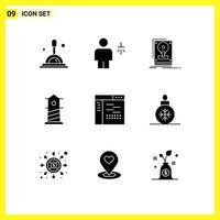 Mobile Interface Solid Glyph Set of 9 Pictograms of design house install lighthouse upload Editable Vector Design Elements