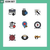 Mobile Interface Filledline Flat Color Set of 9 Pictograms of location health clipboard stick diet night Editable Vector Design Elements