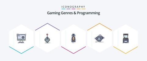 Gaming Genres And Programming 25 FilledLine icon pack including machine. engine. joystick. speed. game vector