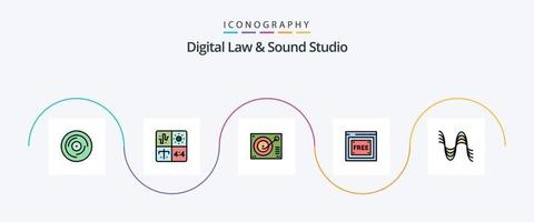 la línea de estudio de sonido y ley digital llenó el paquete de iconos planos 5 que incluye tecnología. acceso libre. Ingenieria. registro. fonógrafo vector