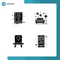 Pack of 4 Modern Solid Glyphs Signs and Symbols for Web Print Media such as book location learning sofa mobile Editable Vector Design Elements