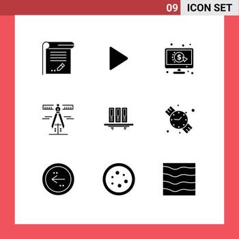 Editable Vector Line Pack of 9 Simple Solid Glyphs of files tools video geometry ppc Editable Vector Design Elements