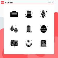 Mobile Interface Solid Glyph Set of 9 Pictograms of space office heart building egg Editable Vector Design Elements