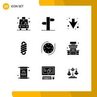 Set of 9 Commercial Solid Glyphs pack for building time arrow clock spring Editable Vector Design Elements