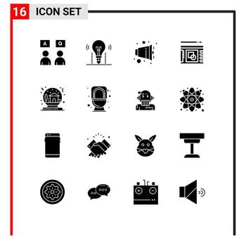 16 User Interface Solid Glyph Pack of modern Signs and Symbols of bowl presentation science layout speaker Editable Vector Design Elements