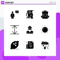 Mobile Interface Solid Glyph Set of 9 Pictograms of glasses arrows sign back bag multimedia Editable Vector Design Elements