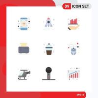 Mobile Interface Flat Color Set of 9 Pictograms of computer fast food graph frappe machine Editable Vector Design Elements