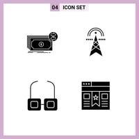 Set of 4 Commercial Solid Glyphs pack for banknotes computing flow electricity read Editable Vector Design Elements