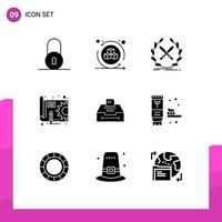 Group of 9 Modern Solid Glyphs Set for archive gear emblem pen blue print Editable Vector Design Elements