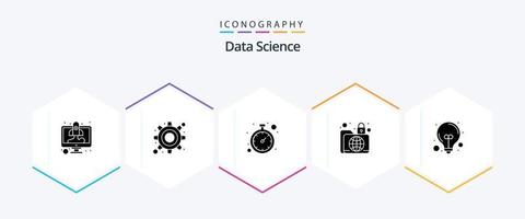 Data Science 25 Glyph icon pack including bulb. infrastructure. clock. global. data