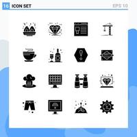 Universal Icon Symbols Group of 16 Modern Solid Glyphs of tea constructing develop construction crane Editable Vector Design Elements