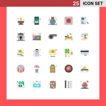 25 símbolos universales de signos de color plano de los elementos de diseño vectorial editables de cpu del procesador de negocios del trabajador de búsqueda vector