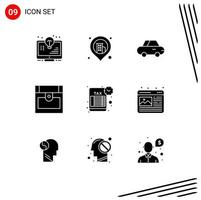 Pack of 9 creative Solid Glyphs of graphic tax car schedule treasure Editable Vector Design Elements