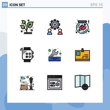 Set of 9 Vector Filledline Flat Colors on Grid for touch smart user box love Editable Vector Design Elements