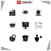 Modern Set of 9 Solid Glyphs Pictograph of animation empire valentines day crown retro Editable Vector Design Elements