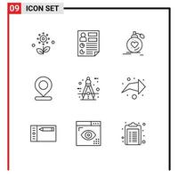 Modern Set of 9 Outlines Pictograph of marker location report wedding perfume Editable Vector Design Elements