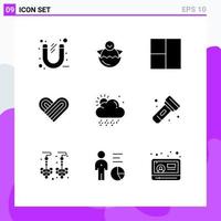 User Interface Pack of 9 Basic Solid Glyphs of weather cloud baby valentine heart Editable Vector Design Elements