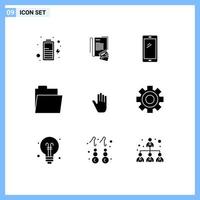 Pack of 9 creative Solid Glyphs of hand body language smart phone open files Editable Vector Design Elements